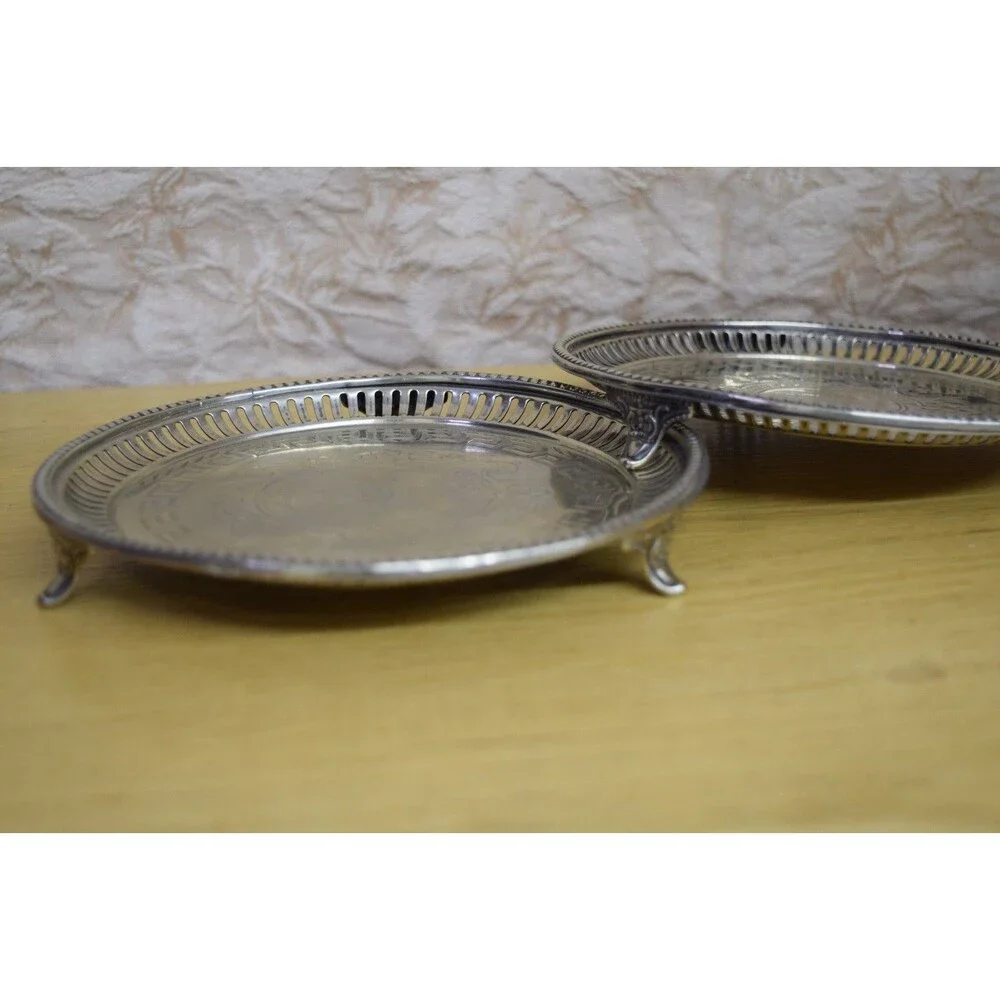 M.H. & Co VTG Gallery Trays w/ Stag Inlay Decorative Feet Set of 2 Silverplated